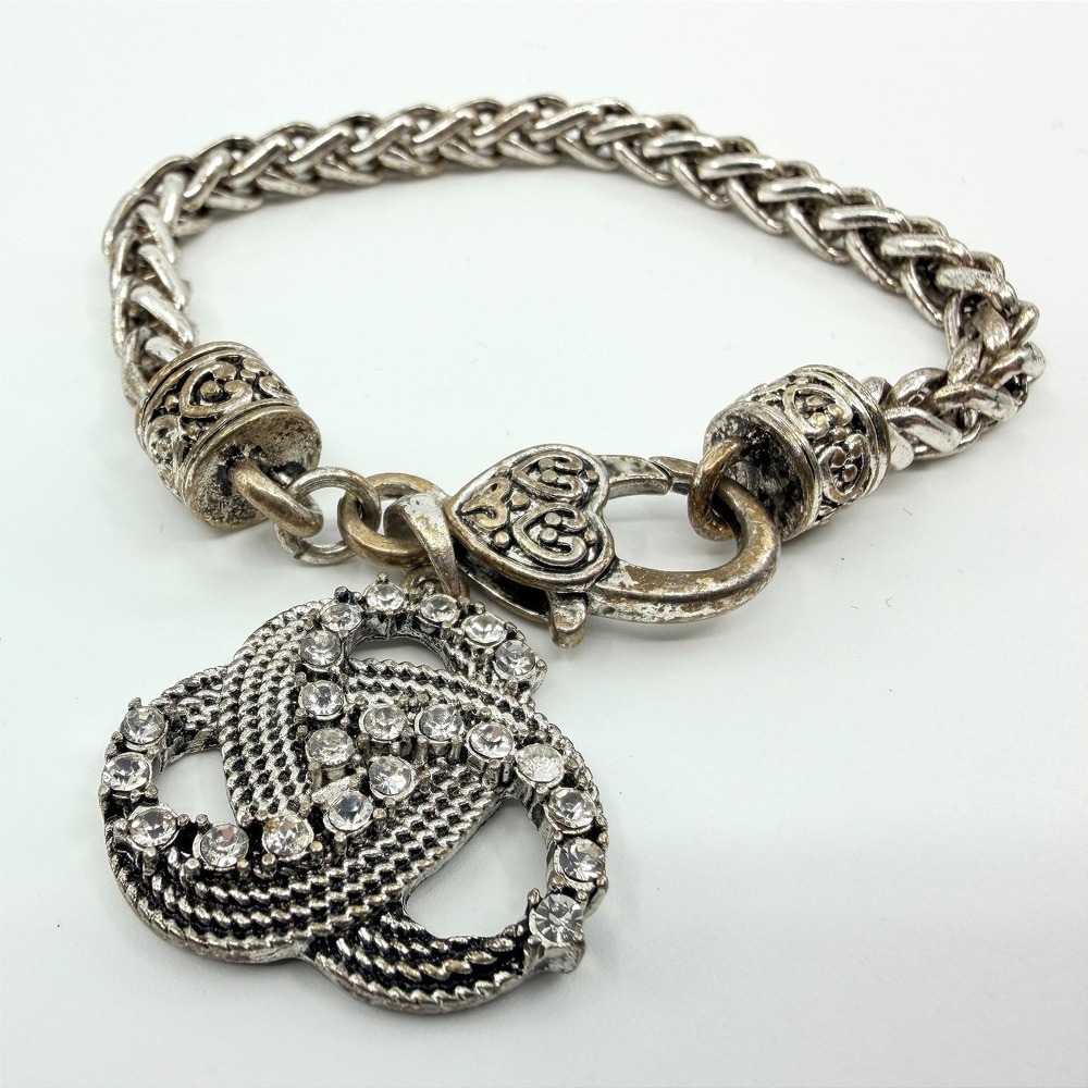 Vintage‎ Silver Tone Rhinestone Interlocking Loop Charm Bracelet Chain Heart 90s